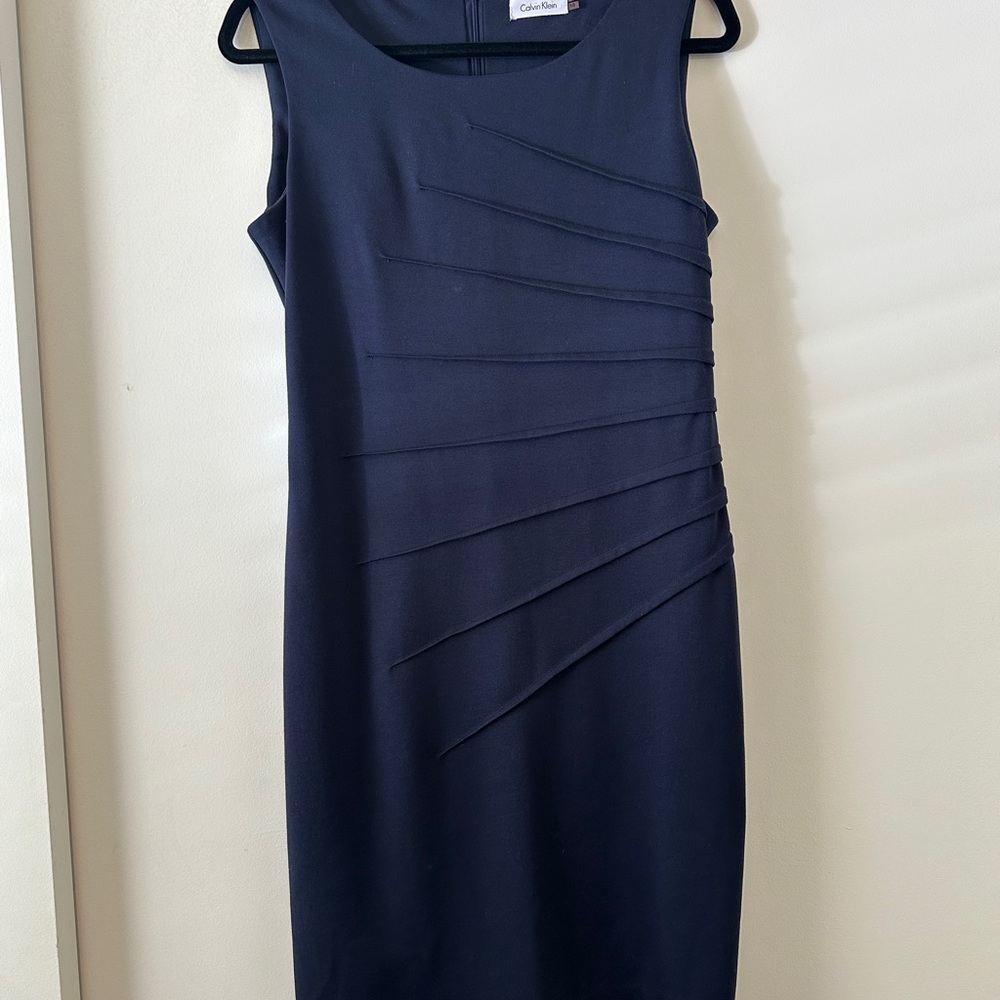 Calvin Klein Blue Asymmetrical Pleated Sheath Dress